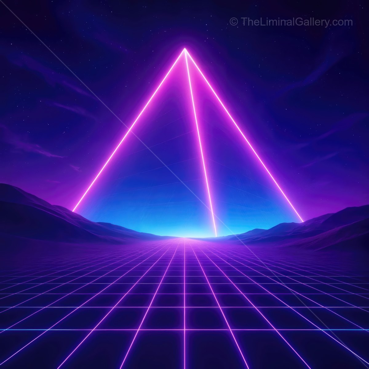 Neon pyramid shines in a futuristic desert landscape under a starry sky at twilight