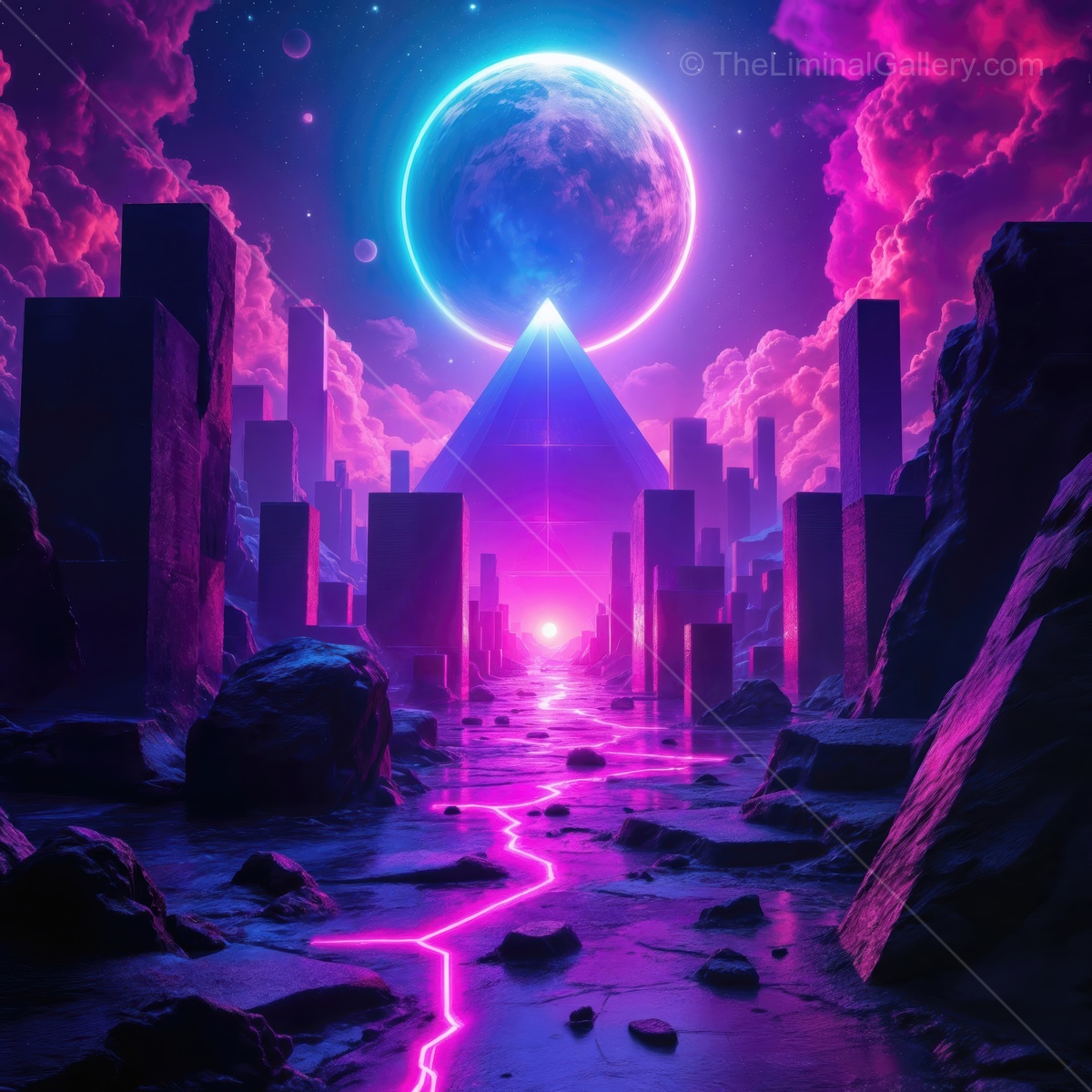 Explore the mystical realm of neon pyramids under a cosmic sky filled with vibrant clouds