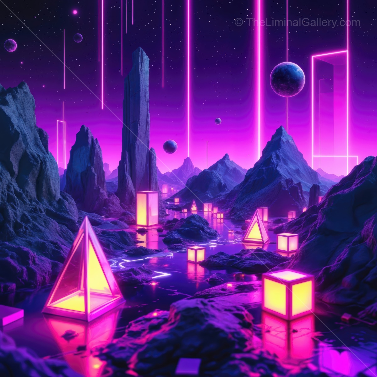 Vibrant neon landscape with geometric shapes and mystical mountains at night