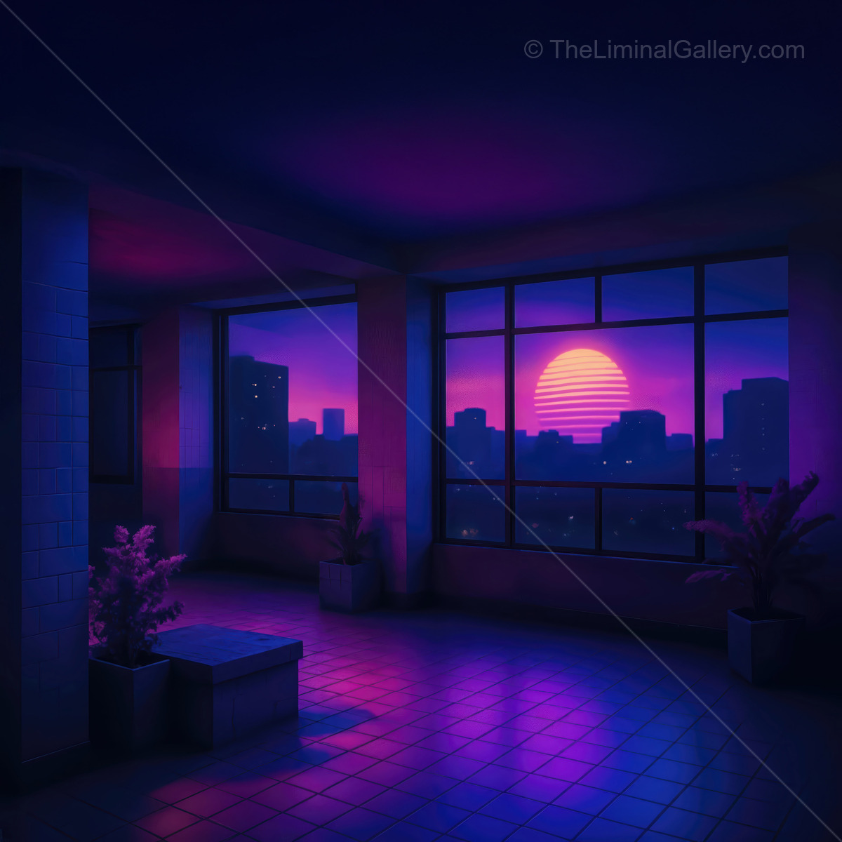 Vibrant sunset viewed from a neon-lit room with a modern urban backdrop