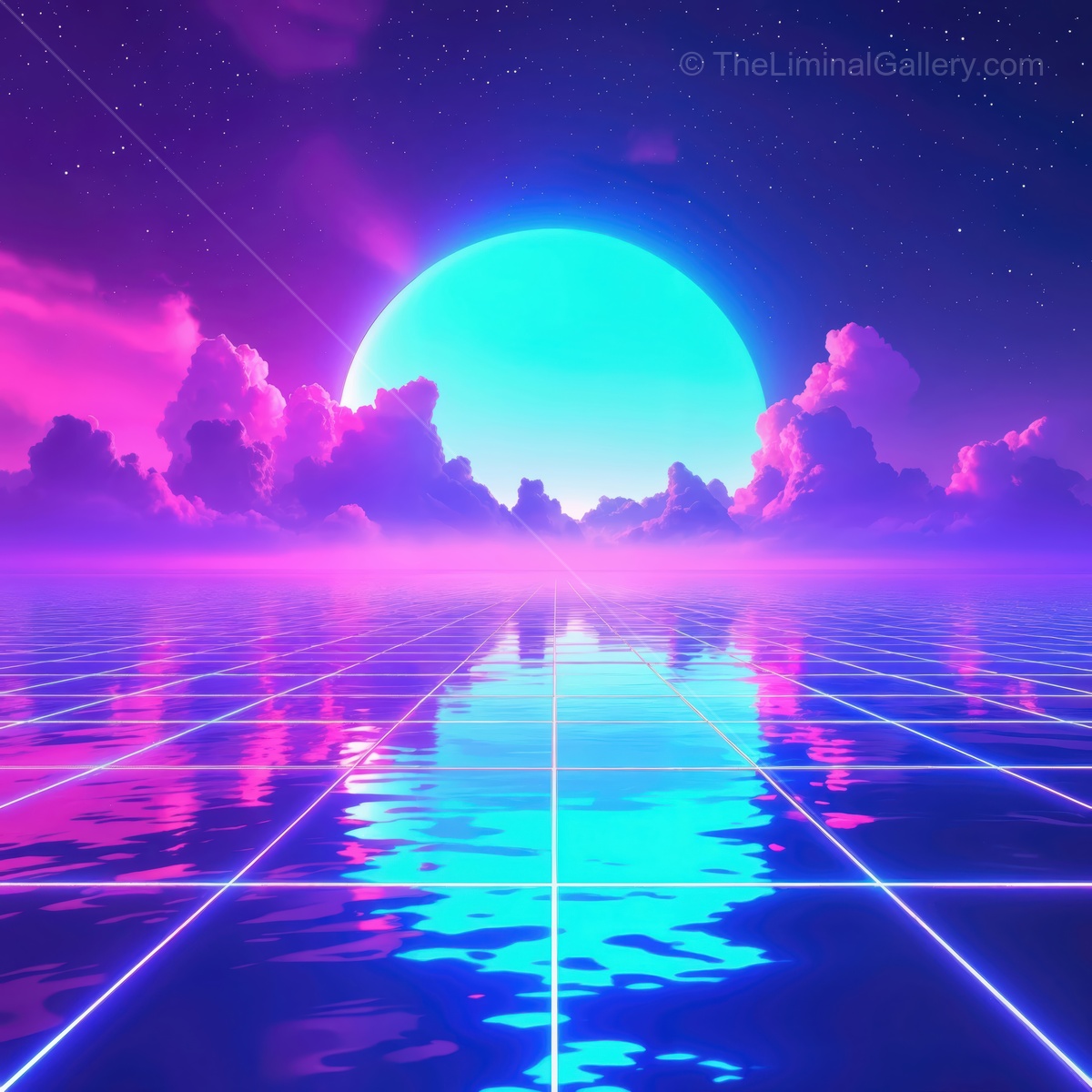 Vibrant neon sunrise over tranquil water with cloud reflections in a futuristic landscape