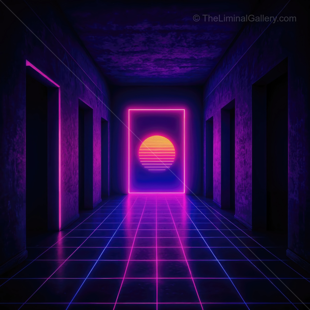 Vibrant neon sunset in a dark corridor with glowing walls and reflections