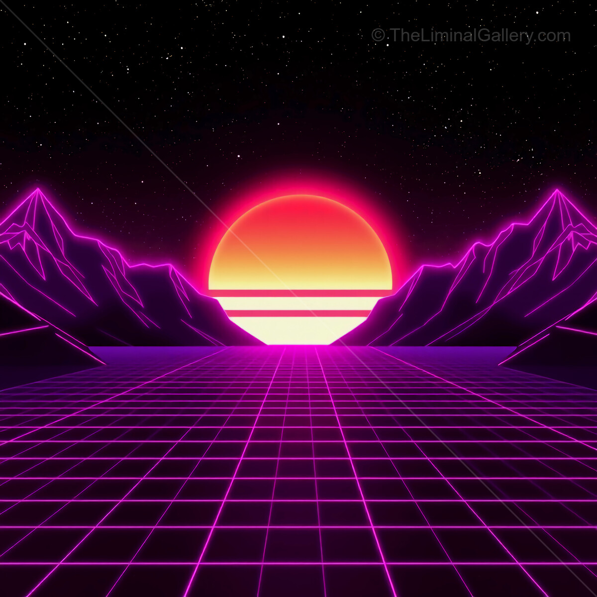 Vibrant neon synthwave sunset over a digital landscape with mountain silhouettes and grid patterns
