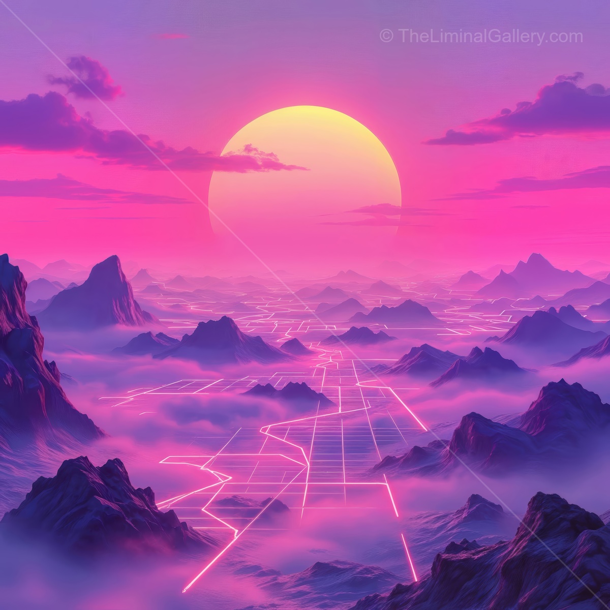 Vibrant sunset over a futuristic landscape with mountains and glowing grid patterns