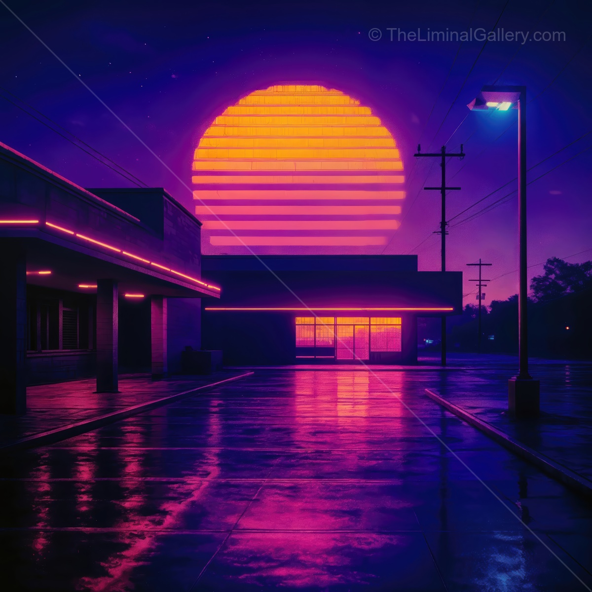 Vibrant sunset casts neon reflections on wet pavement in urban landscape