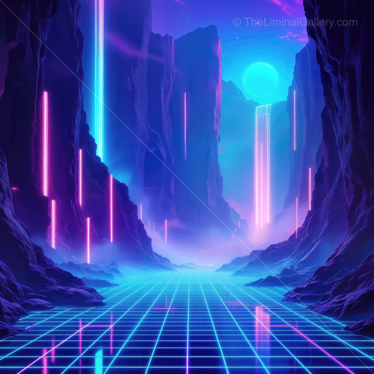 Surreal neon landscape in a futuristic valley with glowing waterfalls and vibrant colors