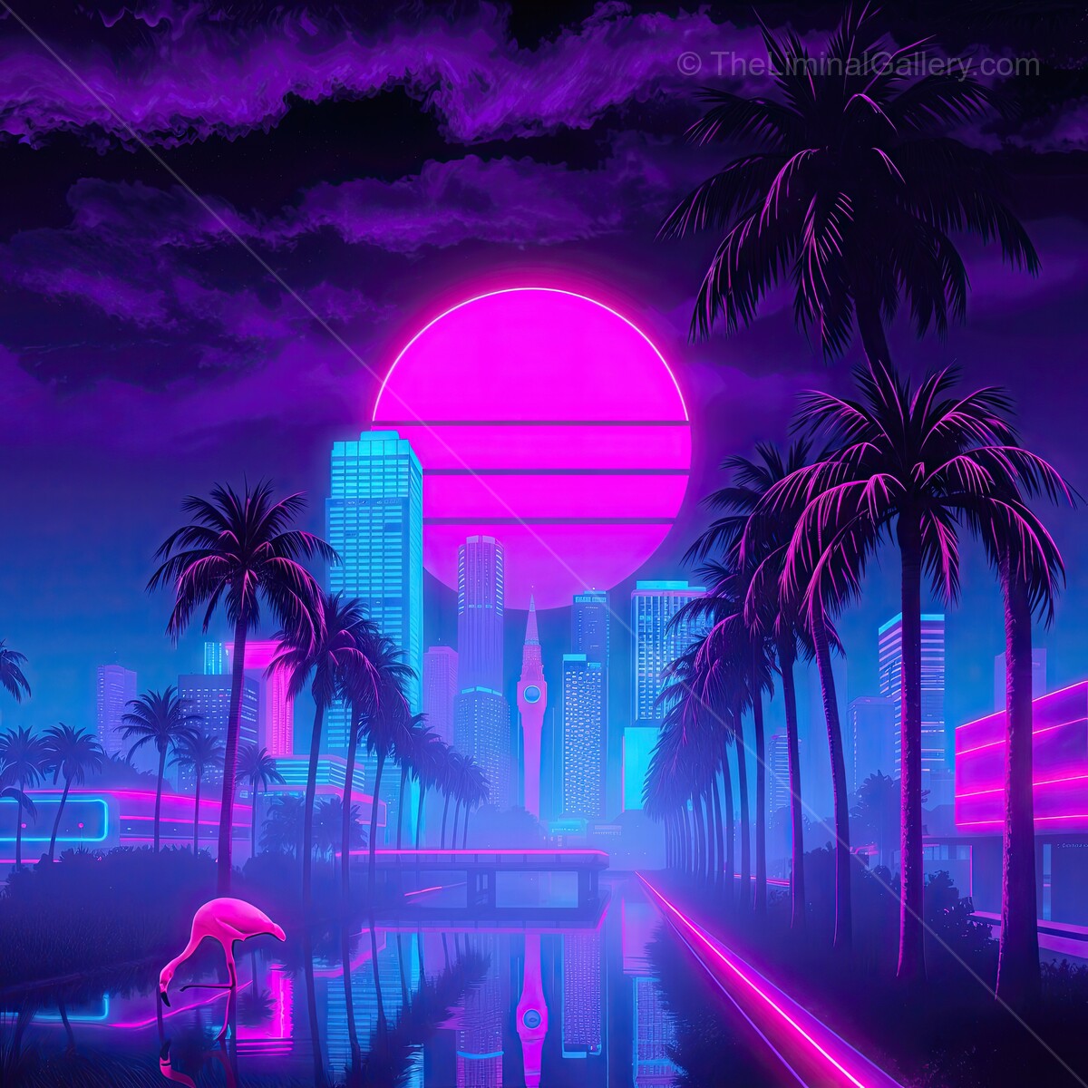 Neon 80s synthwave vibrance reflects on water with a city skyline and palm trees under a vivid sunset