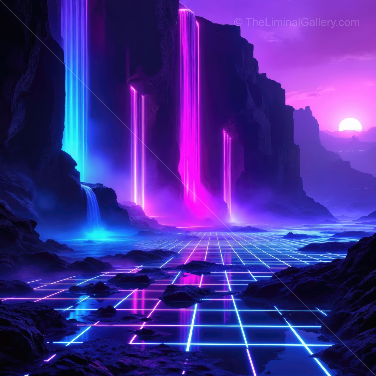 Vibrant neon waterfalls cascade beside a glowing grid at sunset in a surreal landscape