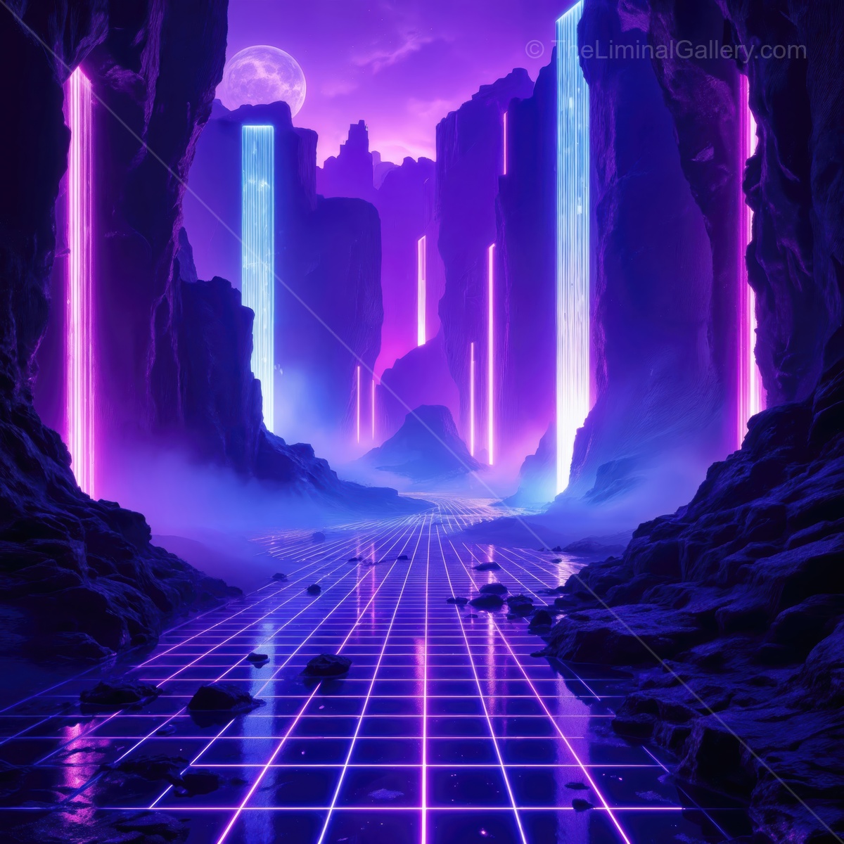 Vibrant neon landscape with glowing waterfalls under a purple sky at night