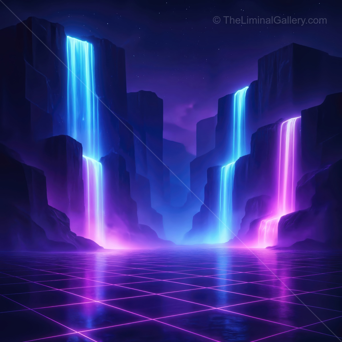 Charming neon waterfalls cascade into a tranquil valley under a starry night sky