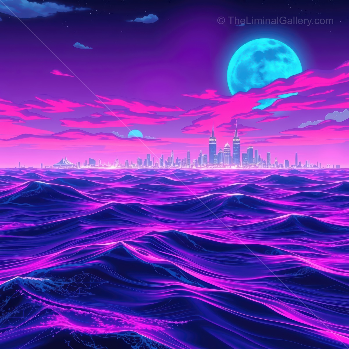 Vibrant waves and a neon skyline under a glowing moon in a surreal seascape