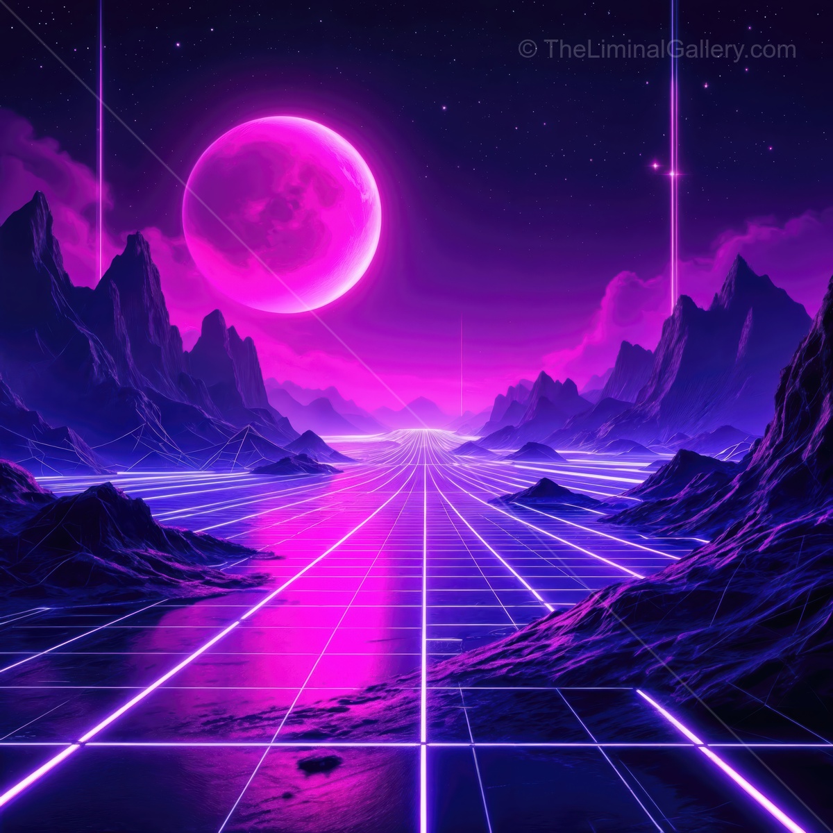 Vibrant neon landscape with a glowing moon and futuristic grid at twilight