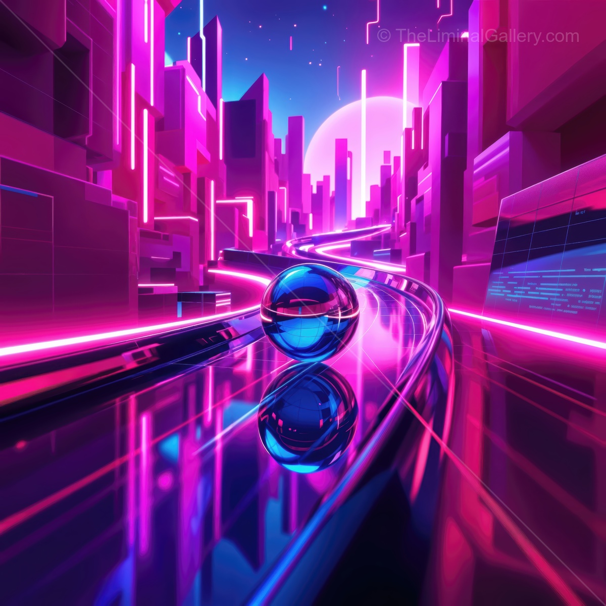 Vibrant neon cityscape with a reflective marble gliding through futuristic roads at twilight