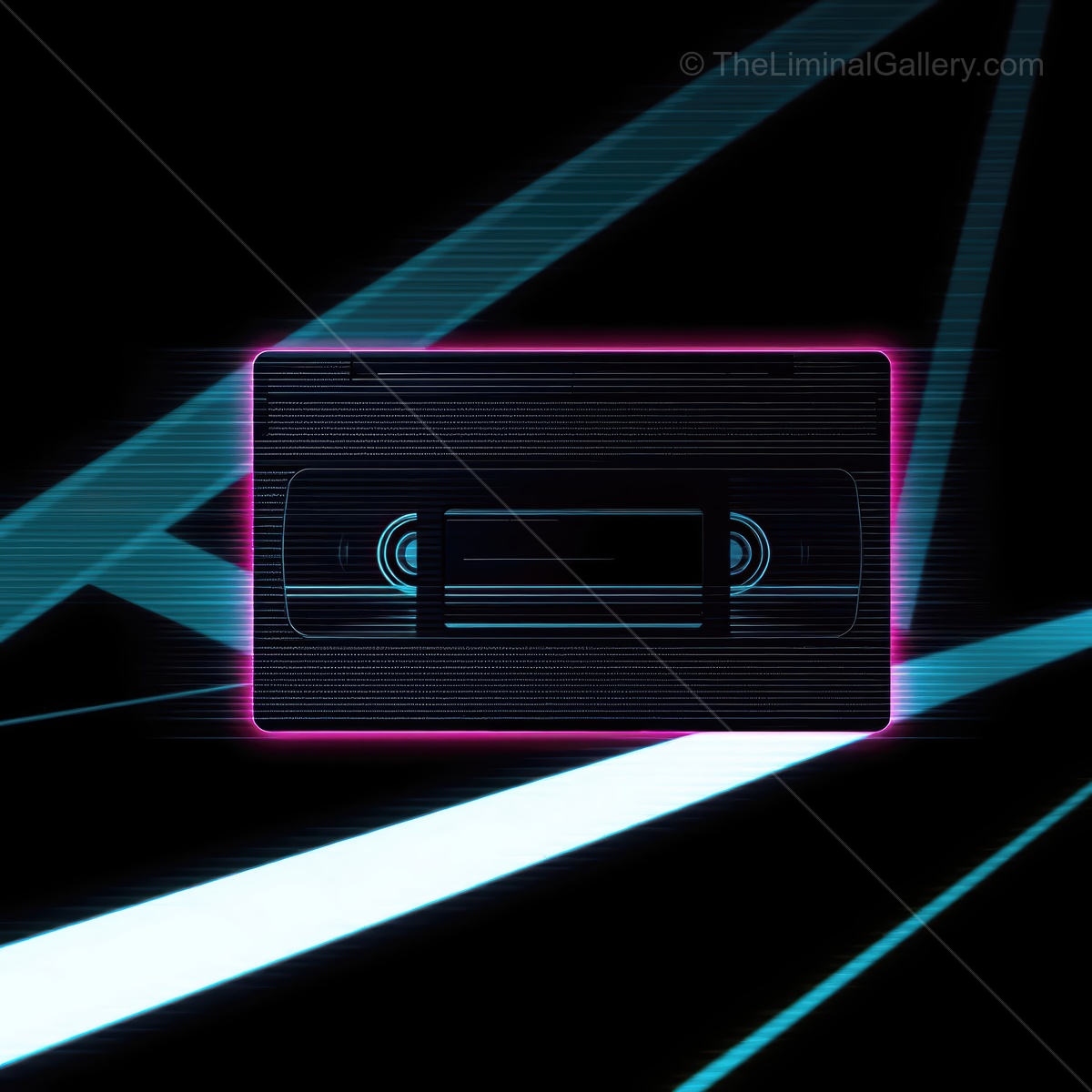 Retro cassette tape with neon lines in a dark background evokes nostalgia and creativity in the digital age