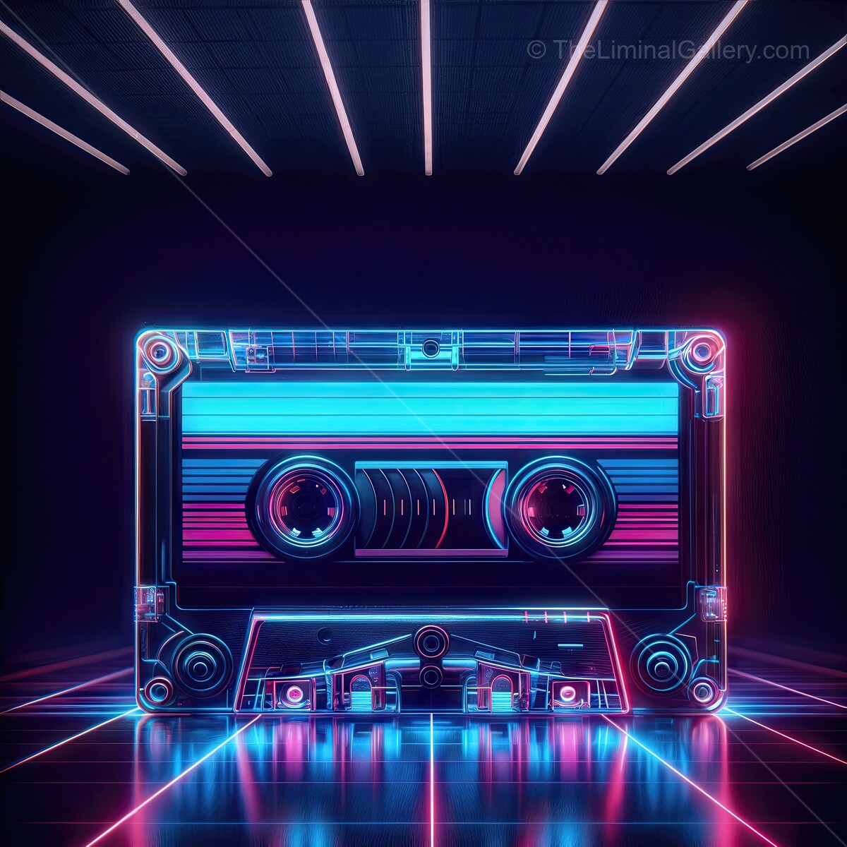 Neon synthwave retro cassette tape in vibrant digital landscape exudes nostalgia and modernity, blending past and future vibes