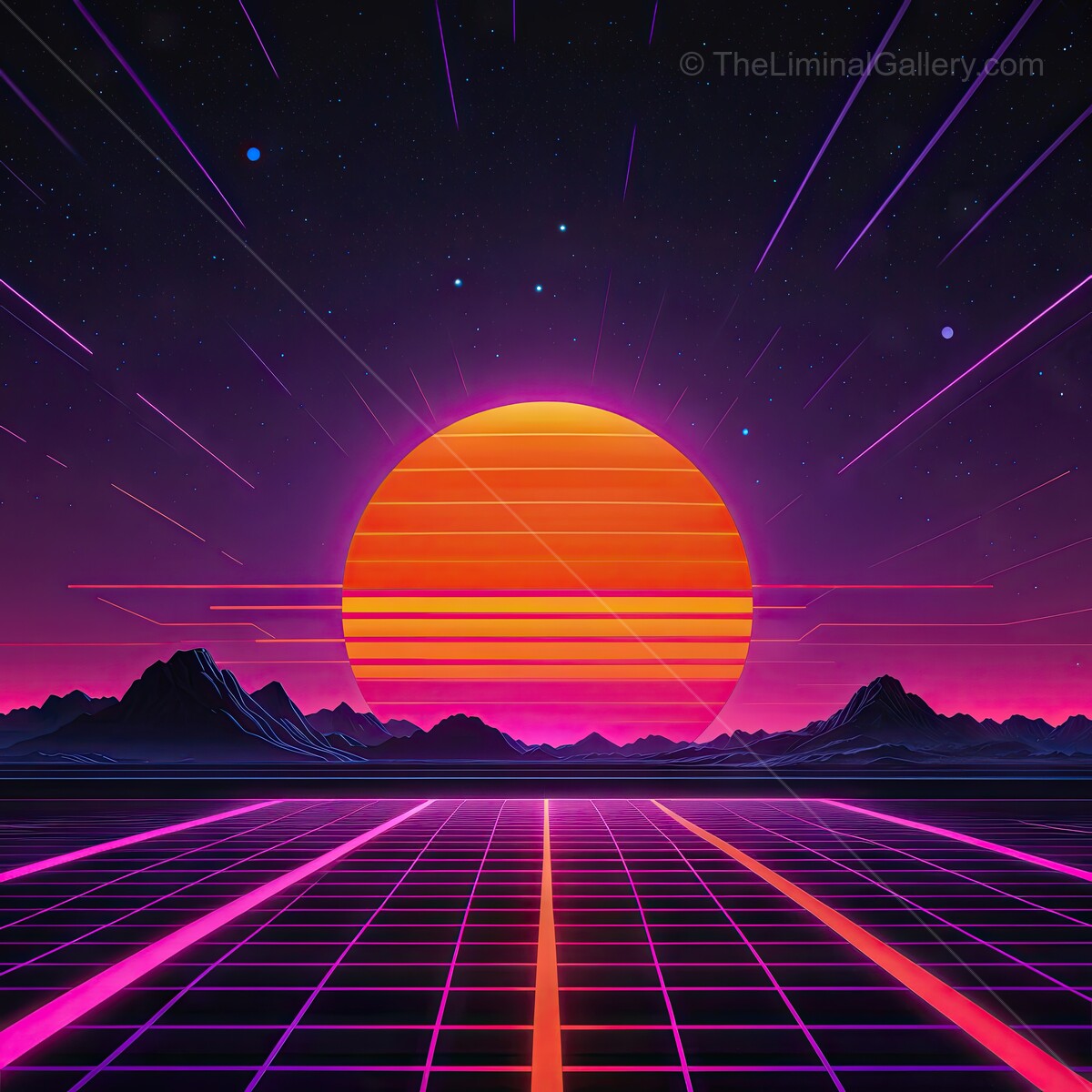 Vibrant synthwave sunset over a retro-futuristic landscape with grid patterns and majestic mountains