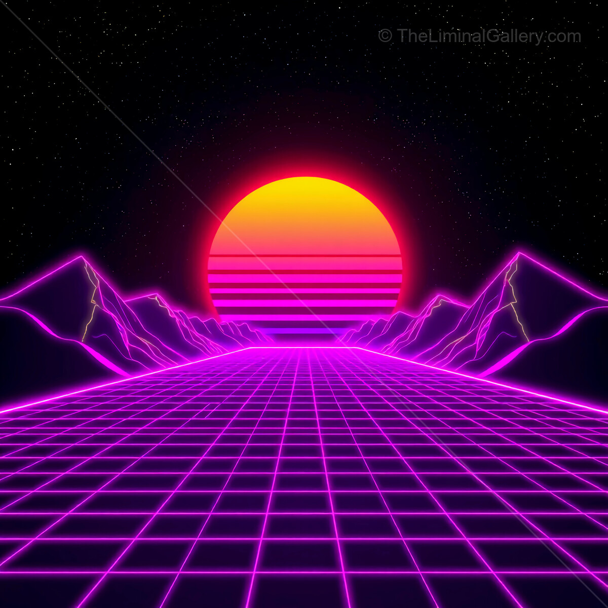 Vibrant synthwave sunset over a neon grid landscape with mountains in a retro futuristic style