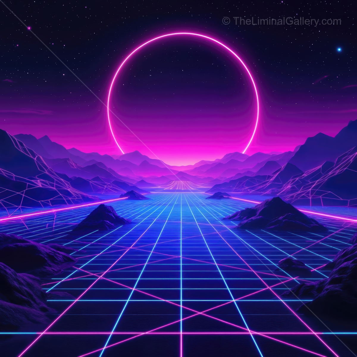 Vibrant retro landscape with neon glow under a starry sky at twilight