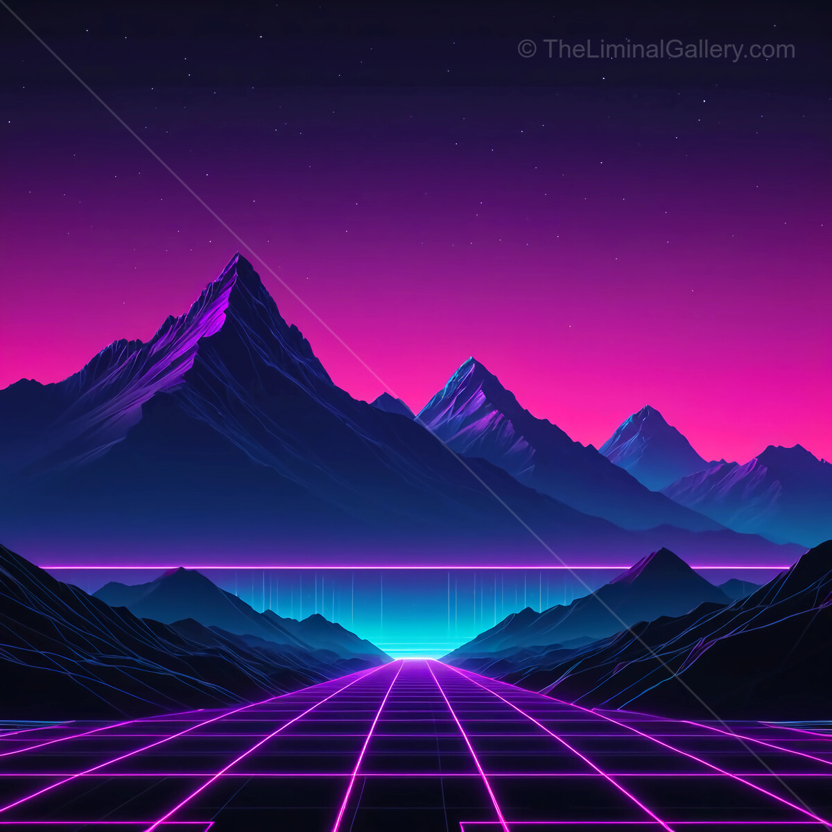Stunning synthwave neon landscape under a starry night sky with majestic mountains and glowing valley