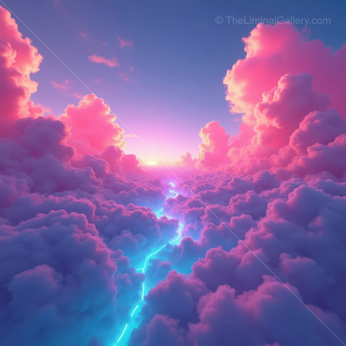 Vibrant sunset illuminates thunderous clouds with striking blue lightning in a surreal sky