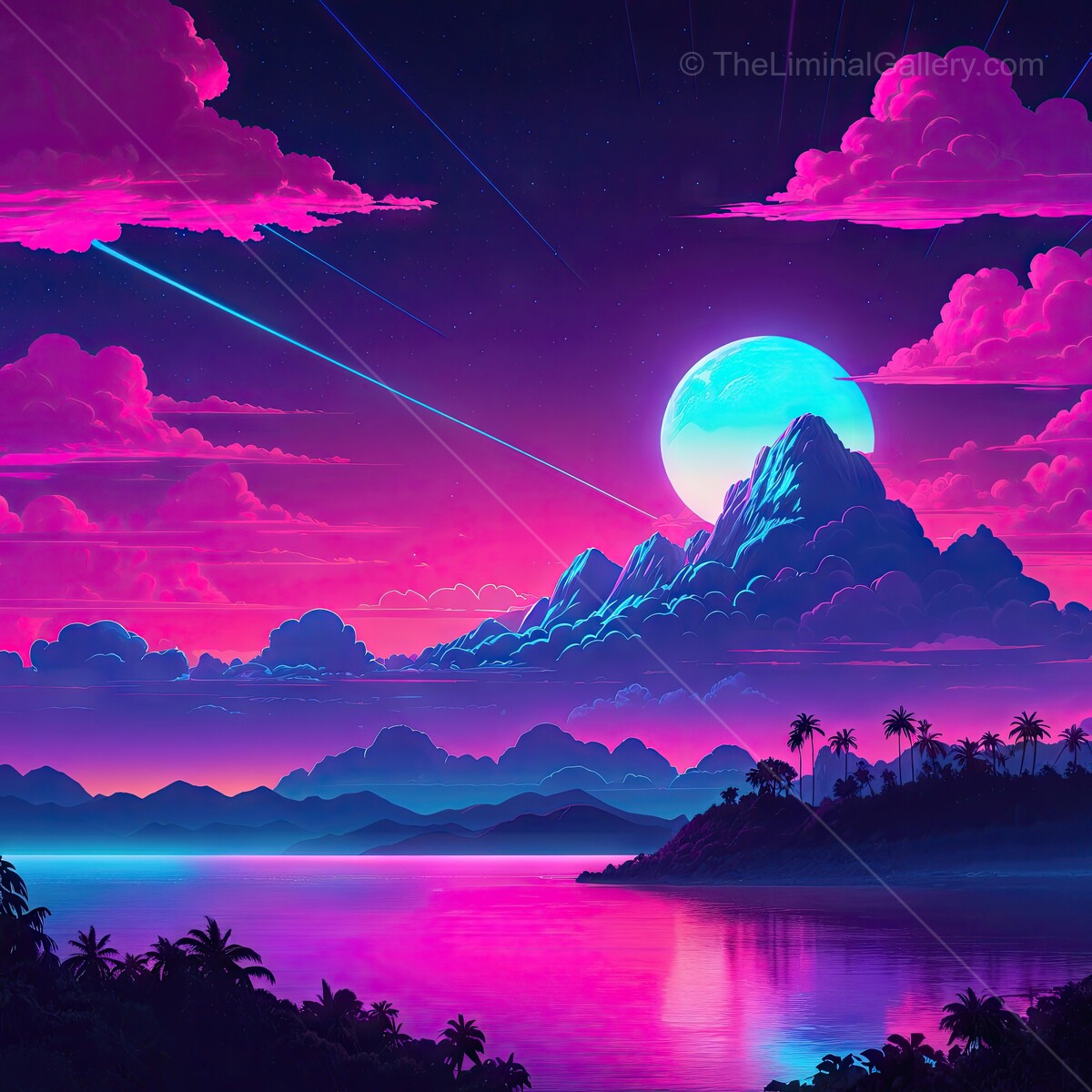 Majestic 80s synthwave sunset glow over a tranquil lake with vibrant colors and distant mountains