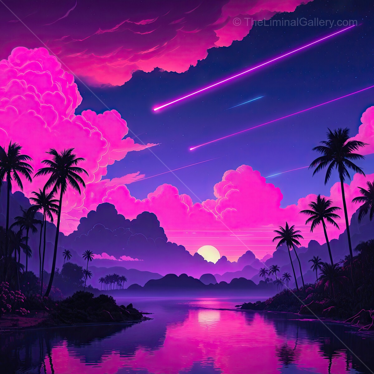 Vibrant 80s synthwave sunset over a tranquil lake surrounded by palm trees with shooting stars in the evening sky