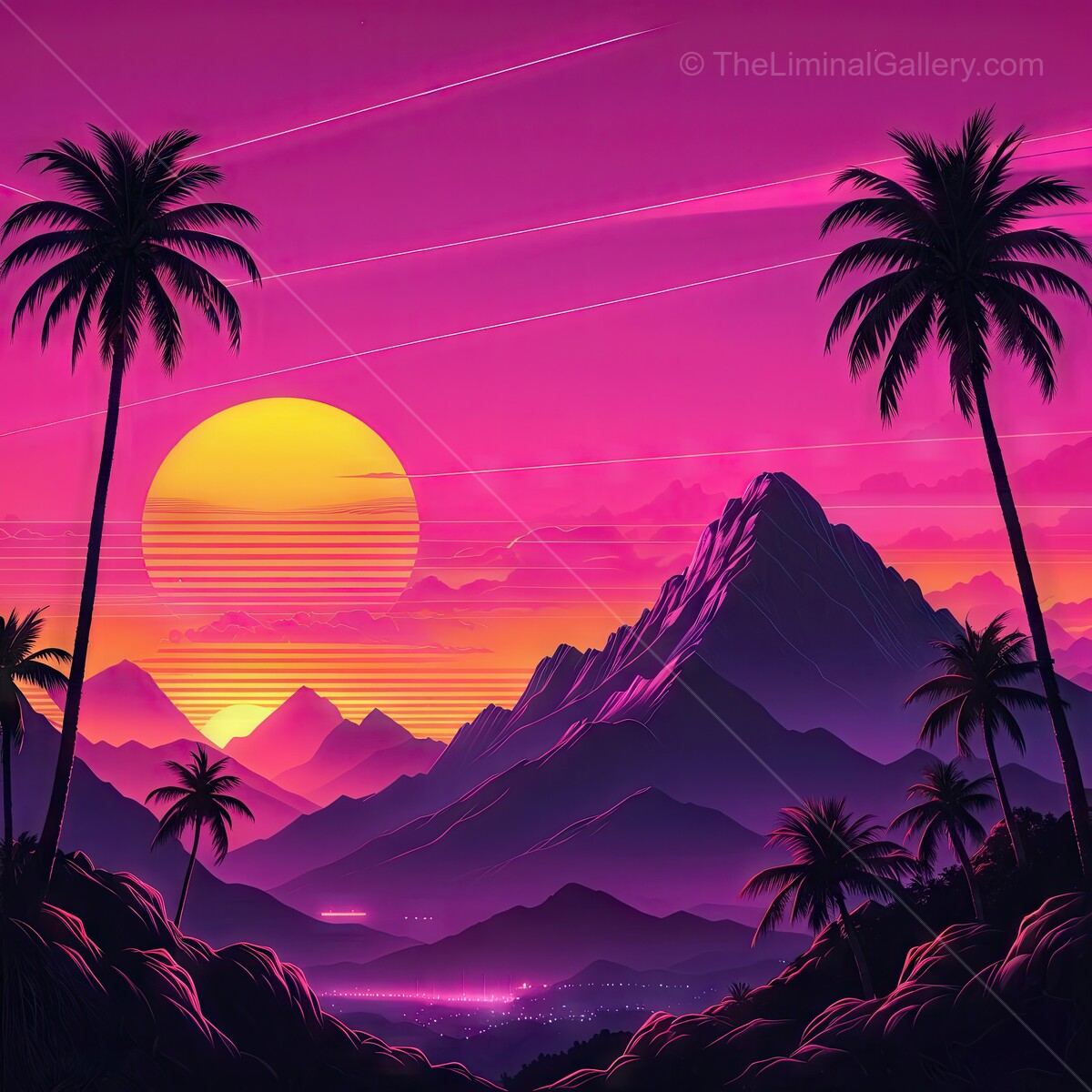 Vibrant 80s synthwave sunset over mountains with palm trees in a tropical paradise