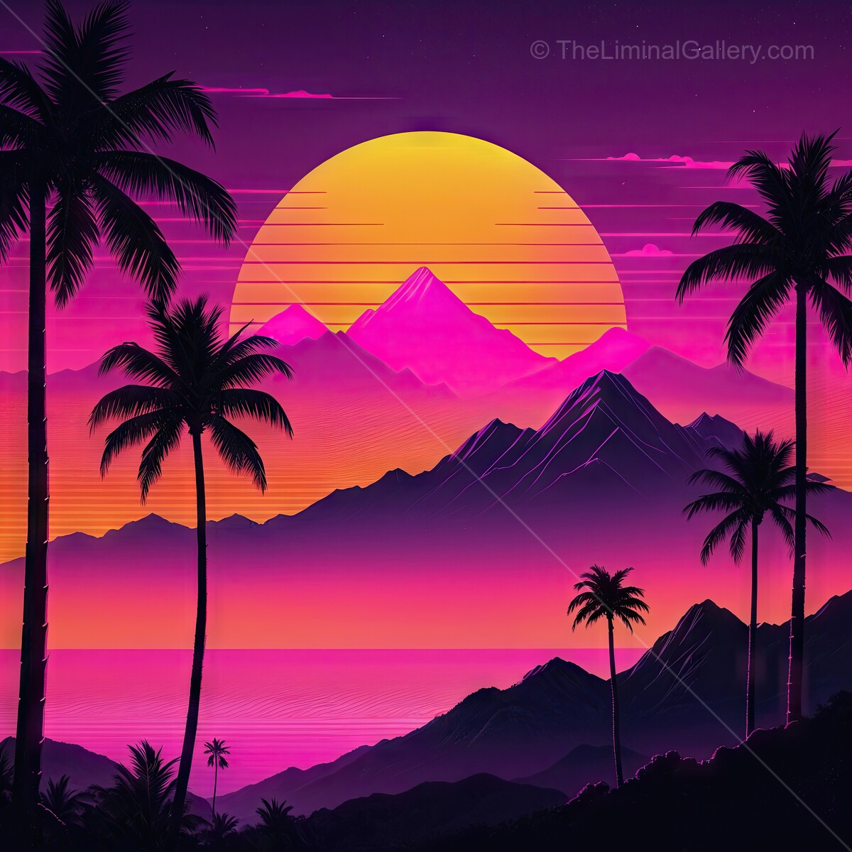 Vibrant 80s sunset over majestic mountains with silhouetted palm trees in a tropical paradise