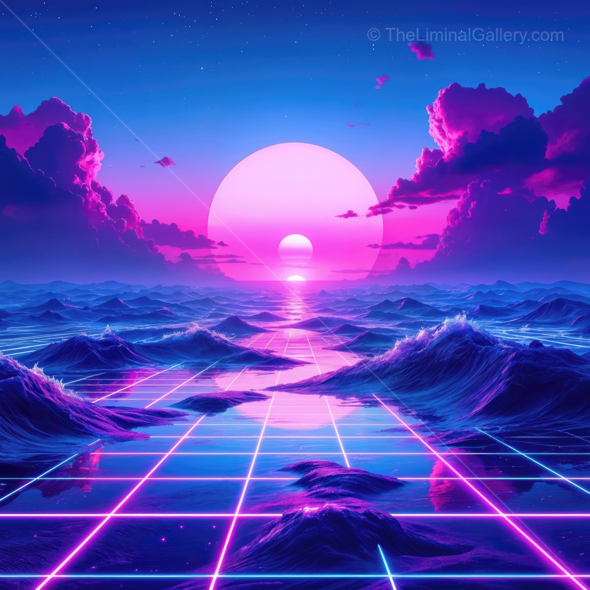 Majestic sunset over a vibrant ocean with neon waves and glowing grid patterns at twilight