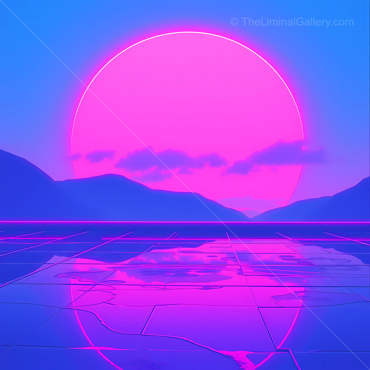Vibrant synthwave sunset reflecting on a tranquil lake amidst misty mountains at twilight