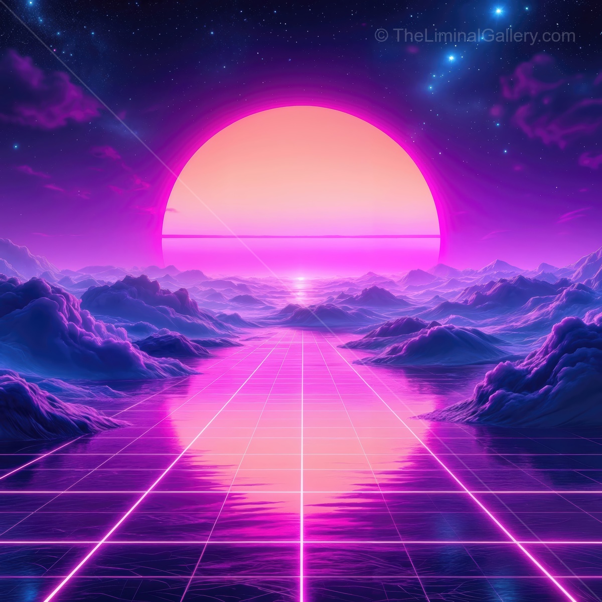 Vibrant sunset over a surreal landscape with glowing water and dreamy clouds, capturing the essence of a retro-futuristic world