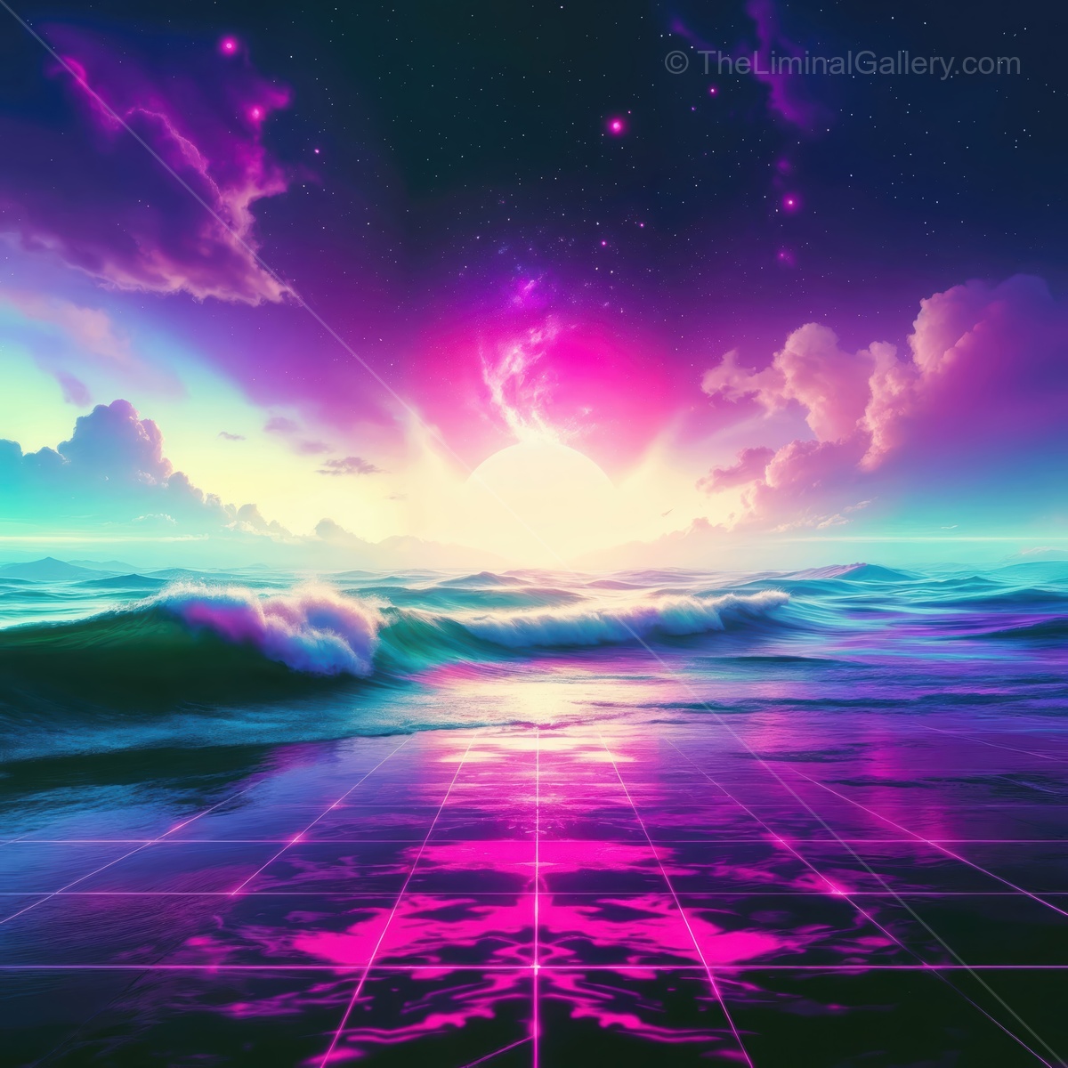 Sunset over a vibrant ocean with glowing waves and cosmic clouds