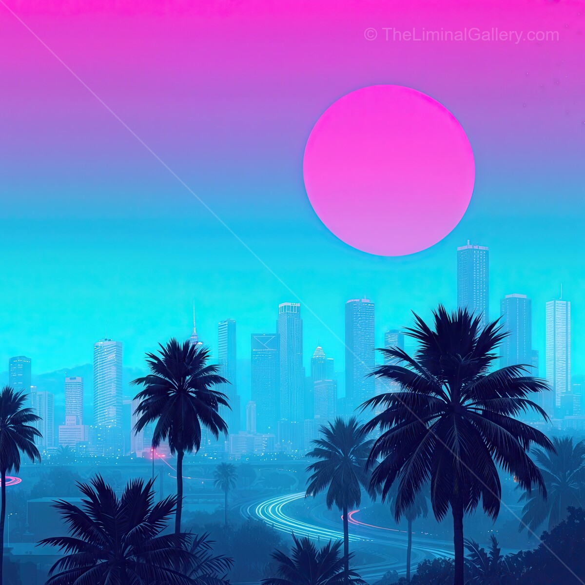 Vibrant 80s synthwave sunset casts neon glow over a futuristic city skyline