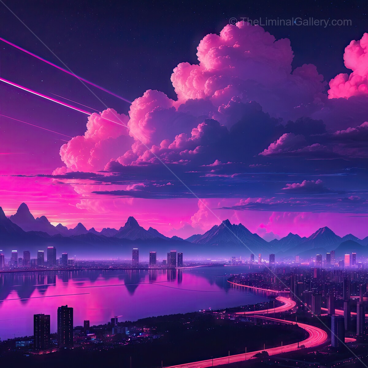 Vibrant 80s synthwave twilight over a city skyline and serene waters reflecting cosmic hues