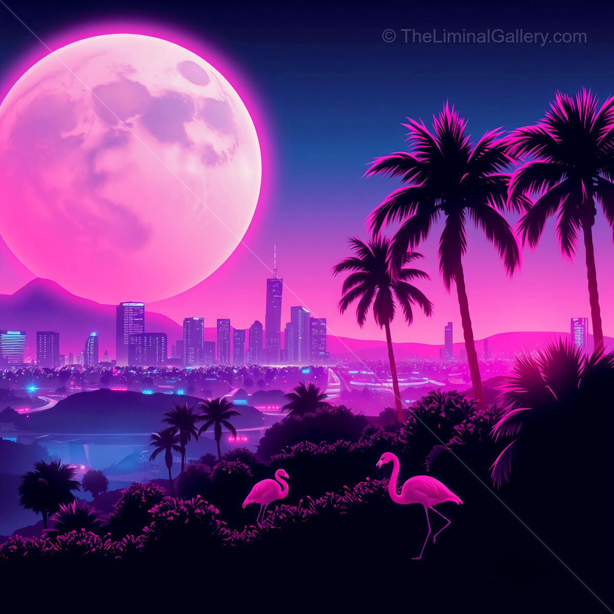 Vibrant 80s synthwave city skyline under a glowing moon with palm trees and flamingos at twilight