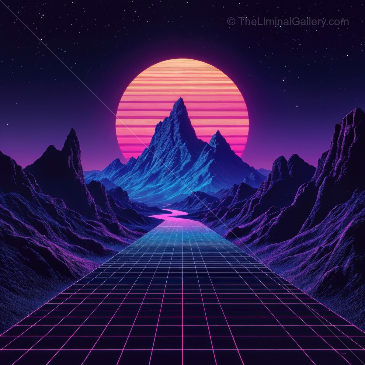 Vibrant synthwave neon landscape featuring mountains and a stunning pink sun at dusk