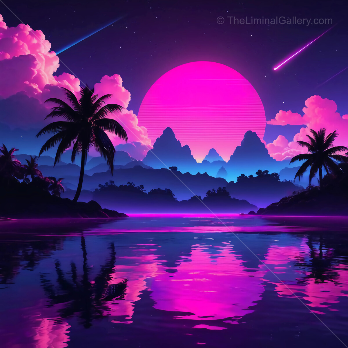 Vibrant 80s synthwave sunset over a tranquil tropical lagoon with dazzling colors and distant mountains