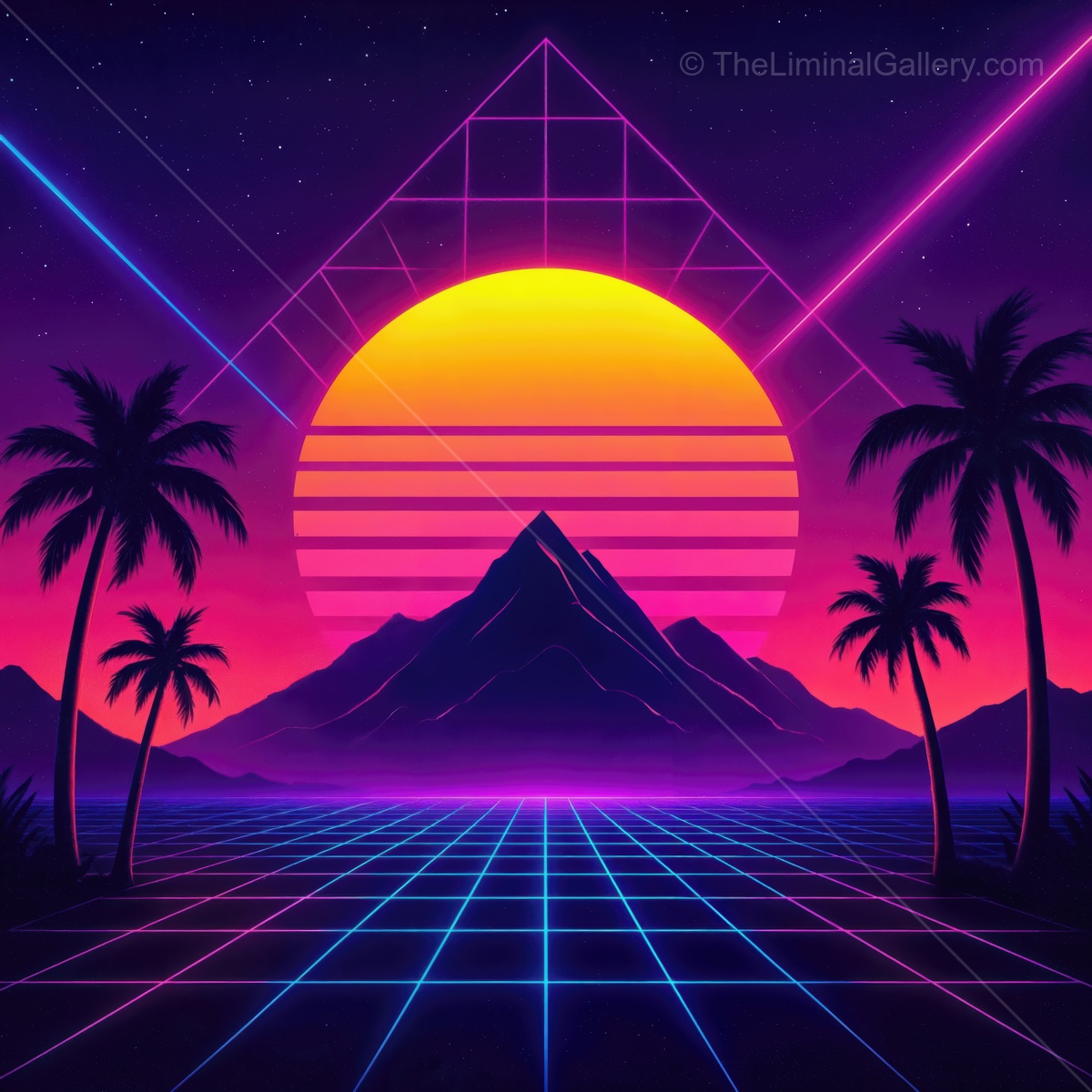 Vibrant sunset over a tropical landscape with geometric patterns and neon colors