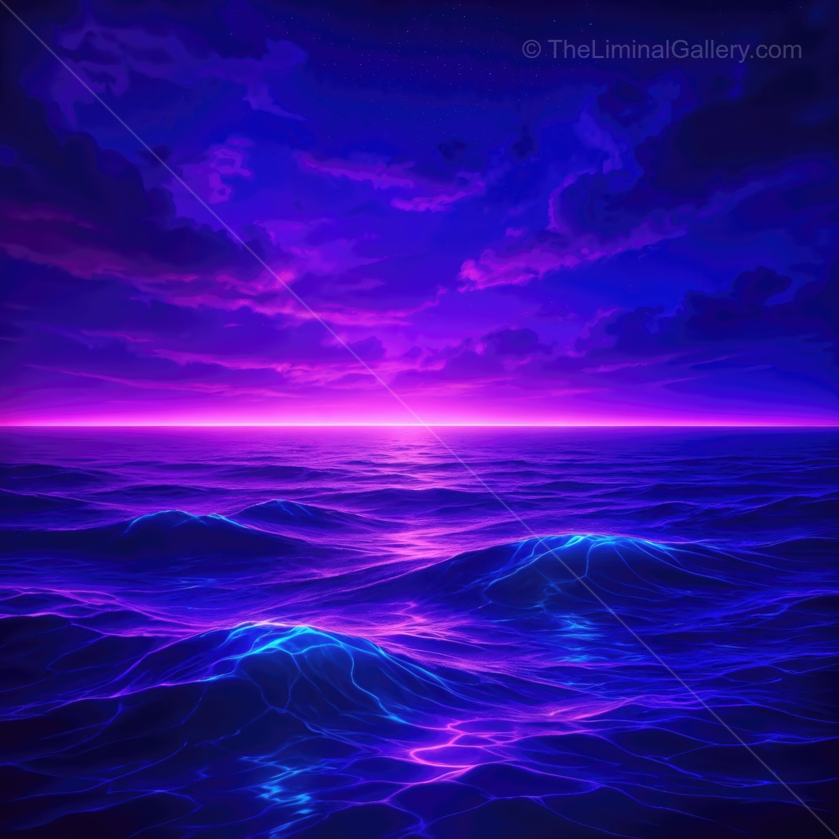 Majestic twilight over the serene ocean waves with a vibrant purple horizon and soft, flowing clouds