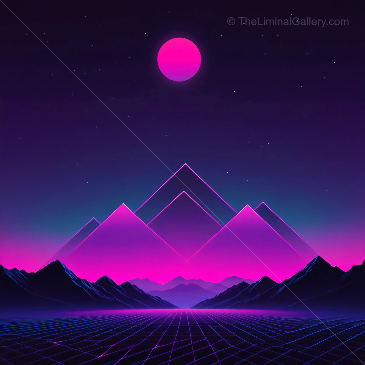 Vibrant synthwave futuristic landscape under a glowing pink moon and geometric mountains at twilight