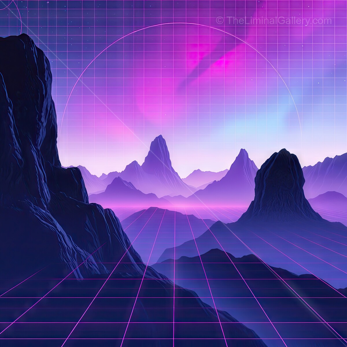 Vibrant synthwave mountains under a glowing twilight sky with a surreal grid landscape