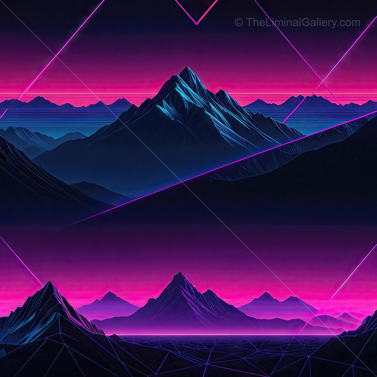 Vibrant synthwave mountains illuminated by neon lights create a surreal landscape at dusk