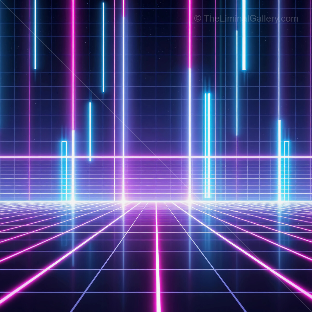Vibrant synthwave neon grid landscape with futuristic lighting in a digital dreamscape at night