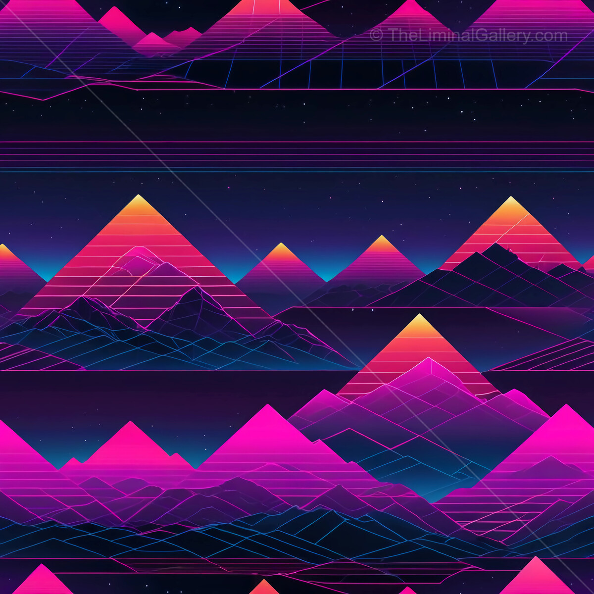 Vibrant neon mountains illuminated by a cosmic twilight sky