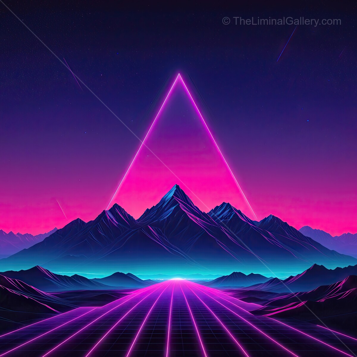Vibrant synthwave neon mountains under a cosmic sky create a surreal retro-futuristic landscape at twilight
