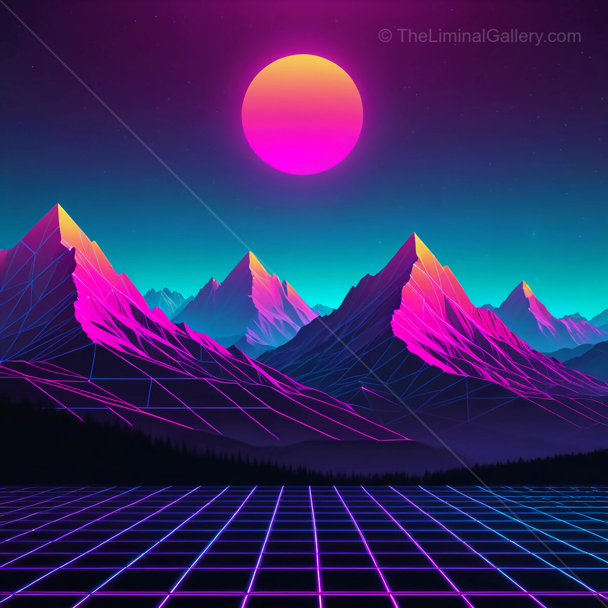 Vibrant retro synthwave landscape with neon mountains and a glowing sun at twilight