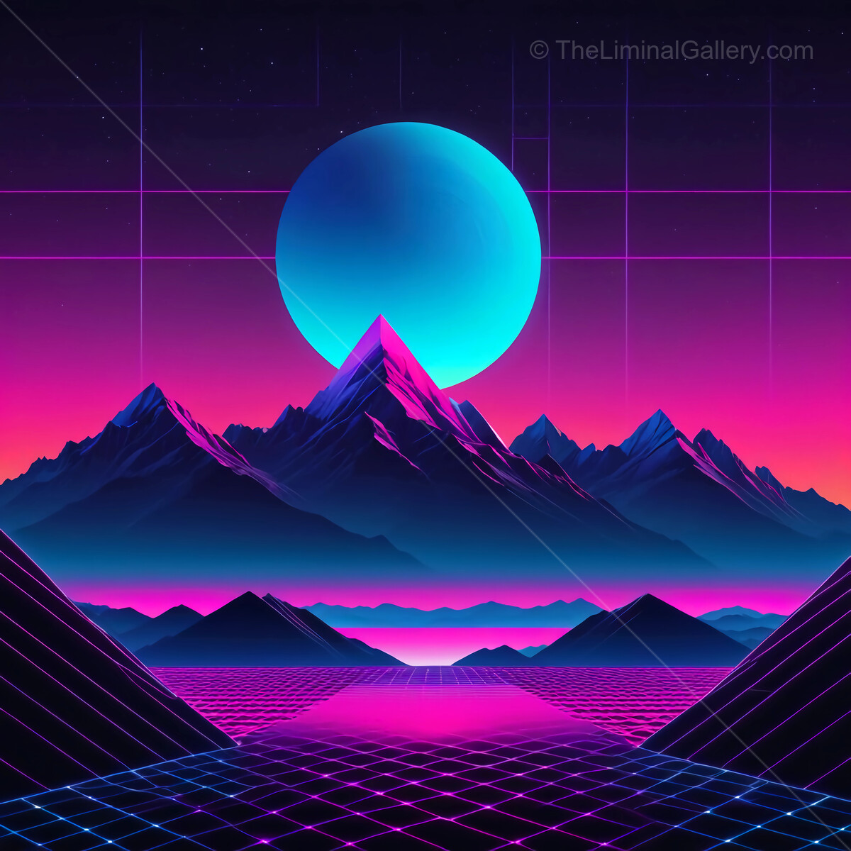 Vibrant sci-fi synthwave landscape with majestic mountains under a glowing teal moon at dusk