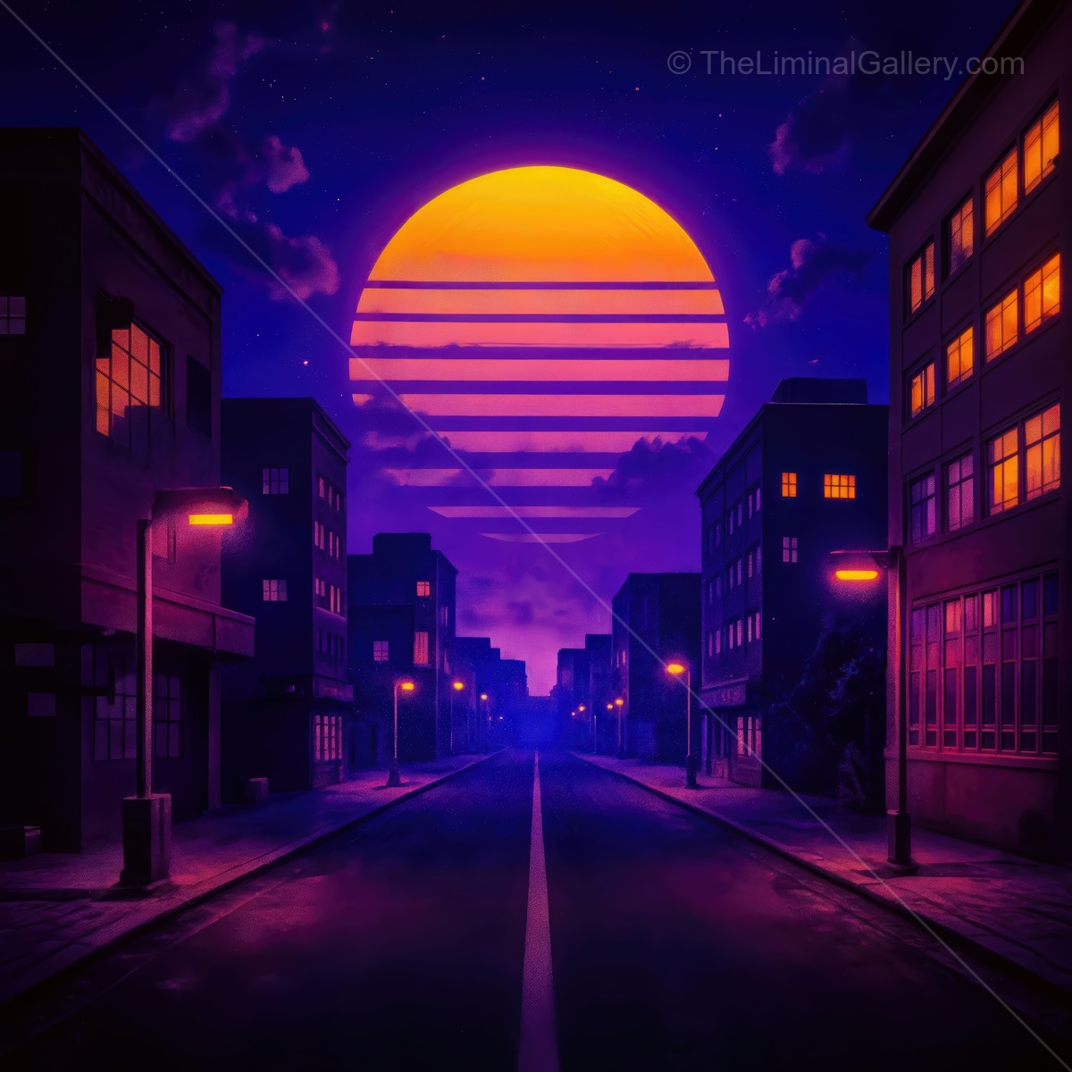 Vibrant sunset illuminates a quiet city street filled with colorful buildings in a surreal twilight scene