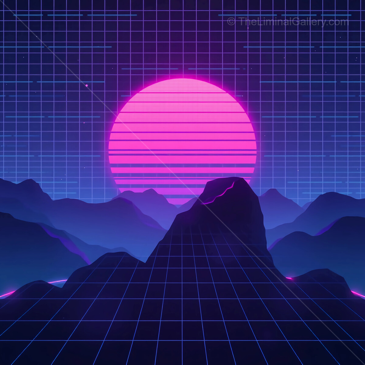 Vibrant synthwave sunset over retro mountains creates a dreamy neon landscape in an otherworldly atmosphere