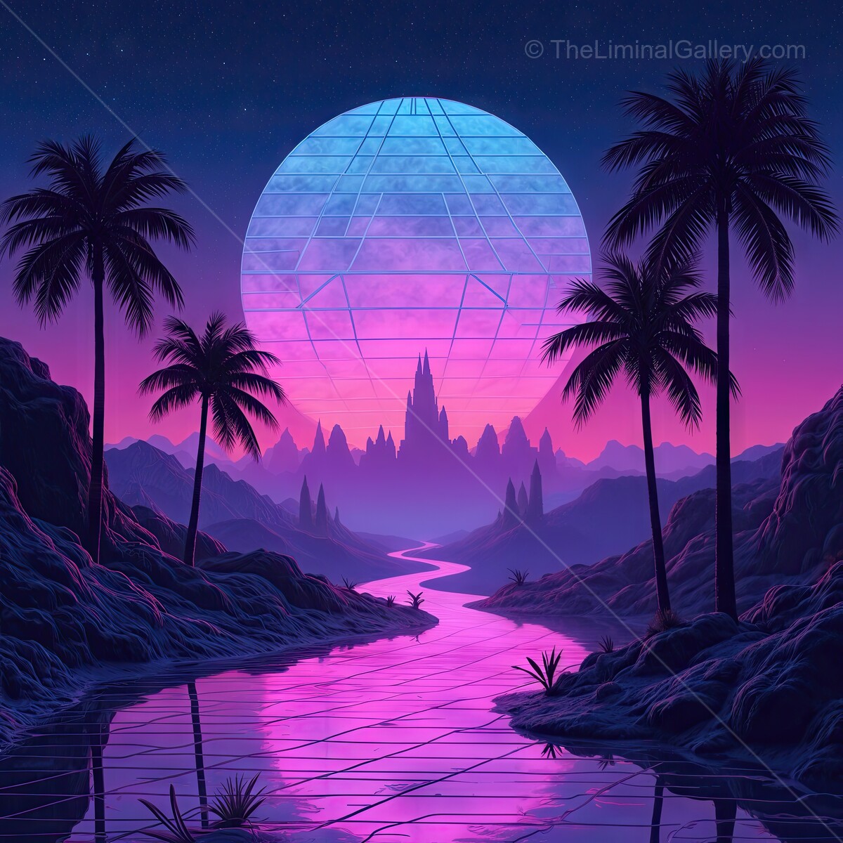 Vibrant synthwave twilight landscape with glowing moon and palm trees reflecting in the serene waterway